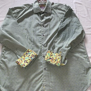 Robert Graham Shirt Mens 2XL Button Up Crossword Cuff Green Blue Gingham Check - Picture 1 of 16