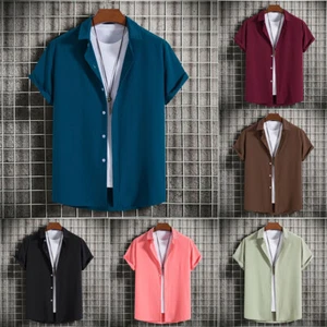 Mens Casual Dress Shirt Button Down Tops Blouse Short Sleeve Beach Formal Simp ∂ - Picture 1 of 26