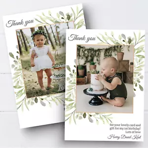 Personalised Photo Thank You Cards Botanical Leaf Thank You Notes Kids Baby x10 - Picture 1 of 12