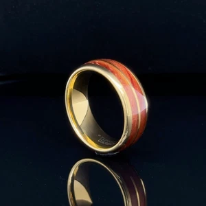 Durable 8mm Gold Tungsten Ring Dual Red Wood Inlay Scratch-Resistant Modern Band - Picture 1 of 4