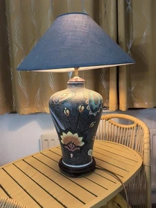 Vintage Ceramic Table Lamp Oriental Flowers Large Wooden Base Purple Blue CB* - Picture 1 of 24