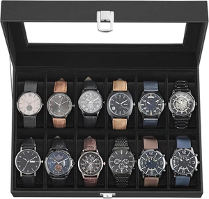 12 Slot Watch Box Display Case Organizer with Large Glass Lid Removable Pillows - Picture 1 of 8