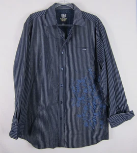 Ecko Unltd Navy Floral Design Striped Long Sleeve Button Up Shirt Mens L Cotton - Picture 1 of 12