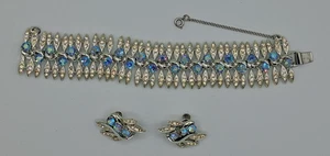 Vintage Francois Bracelet & Clip Earrings Set Silver Tone Blue Iridescent Stones - Picture 1 of 9