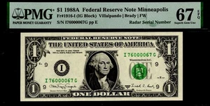 1988A $1 FRN MINNEAPOLIS. FR: 1916-I. PMG: 67 EPQ. RARE RADAR S/N: 76000067 - Picture 1 of 2