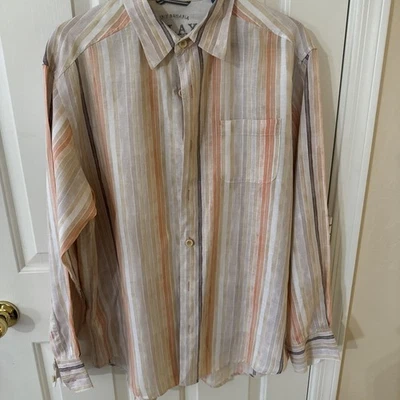 Tommy Bahama Relax 100% 亚麻纽扣衬衫白色橙色条纹男式 M 码 — 第 1/4 张图片