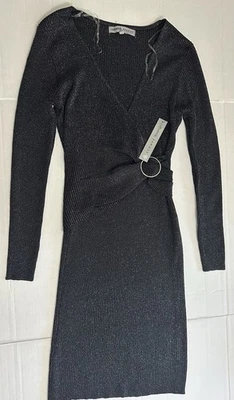 Vestido midi brillante, elástico absolutamente famoso, negro con brillo plateado, talla L Foto 1 de 4