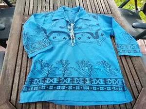True Vintage 70er Blumen Hemd Shirt Hawaihemd geschnürt blau schwarz S 46/48 - Bild 1 von 6