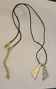 Chico's Necklace Brushed Hammered Gold Tone Split Pendant Black Cord Chain 30" - Picture 1 of 4