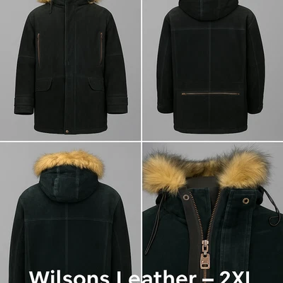 Parka para hombre Wilsons Leather M. Julian 2XL negra gamuza abrigo con capucha ribete de piel sintética Foto 1 de 4