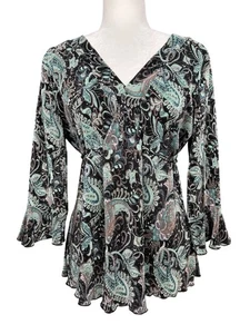 Dressbarn Y2K Paisley Babydoll Top XL Black Turquoise Fairy Grunge 90's - Picture 1 of 9