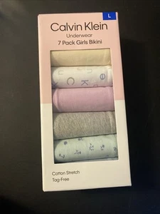 CALVIN KLEIN 7 PACK GIRLS BIKINI UNDERWEAR MUTLICOLOR COTTON TAG FREE SZ L 190C - Picture 1 of 2
