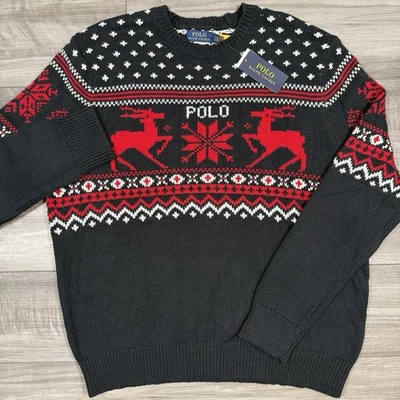 Suéter Polo Ralph Lauren Masculino Rena Algodão-Cashmere Preto Vermelho Tamanho Extra Grande Novo $298 - Imagem 1 de 4