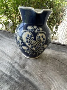 Mexican Art Pottery Pitcher~Vase Blue/White Floral Heart Design 5”Tx 4” D - Picture 1 of 10
