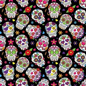 Sugar Skulls Flowers on Black Fabric by the Yard 100% Cotton Day of the Dead - Picture 1 of 2