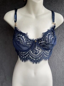 Gooseberry Intimates Full On Glam Demi-Blue Bra Sheer Lacy M Set NWT - Picture 1 of 6
