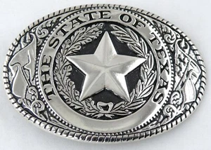 "The State of Texas" Belt Buckle - Silver & Black (Fits belts up to 1-1/2" Wide) - Picture 1 of 2