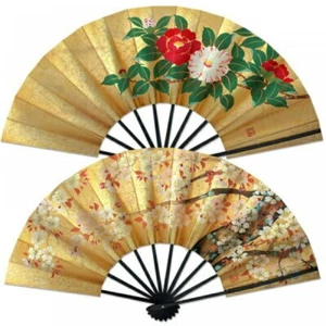 Sensu Japanese Bamboo fan Kyoto Handcraft Gold Sakura Camellia Kinpaku Japan - Picture 1 of 5