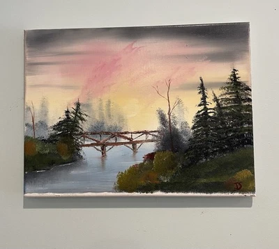 Bob Ross Style Replica Oil Painting of The Footbridge 16x12 , Unframed. - Image 1 of 3