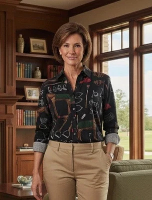 Ralph Lauren XL Equestrian Shirt Horses Brown Black Green Long Sleeve Cotton - Image 1 of 4