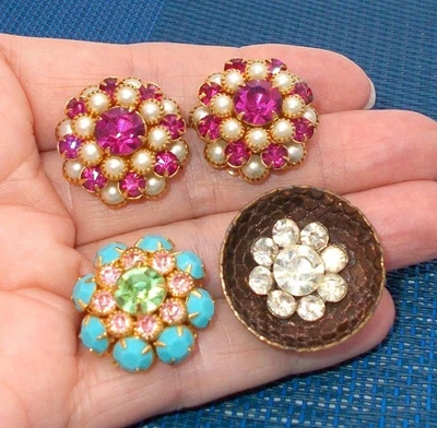 Vintage Rhinestone Button Turquoise Pink Green Crystals Pearl Prong Gold Tone 4p - Image 1 of 4