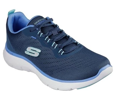 Skechers Flex Appeal New Path Ladies Navy Lightweight Lace Up Wide Fit Trainers - Image 1 of 4