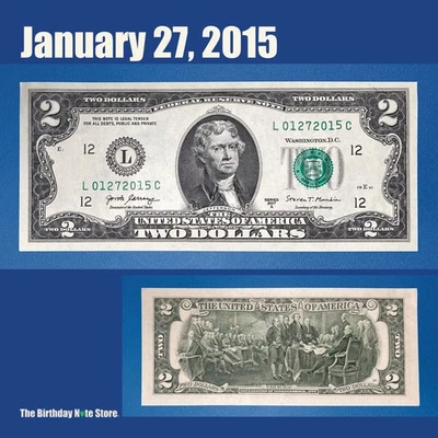 January 27, 2015 Birthday Anniversary $2 Two Dollar Bill Serial Number 01272015 - Image 1 of 2