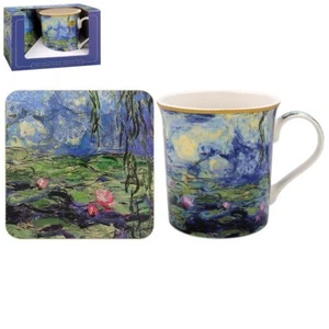 Mug and Coaster Set Blue Floral Water Lily Pond Art Claude Monet Style Ceramic - Picture 1 of 1
