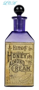 LARGE antique PURPLE Almond Lotion dresser bottle A.S. HINDS w/glass stopper! - Picture 1 of 7