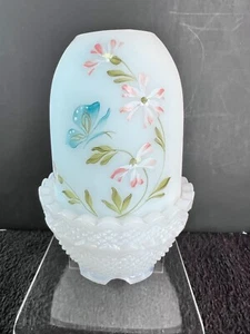 Fenton Hand Painted Butterfly & Flowers White Satin Glass Fairy Lamp - Picture 1 of 9