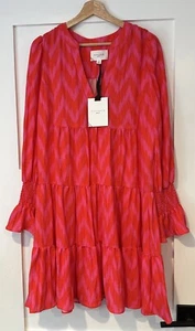 New Pomander Place XL Dress Hot Pink Kenzo Ikat Print V-neck Tiered Long Sleeve - Picture 1 of 8