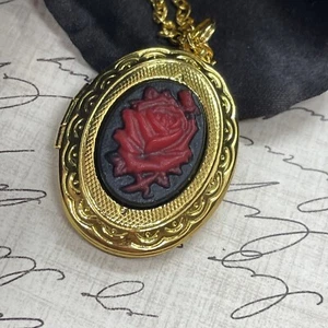 Bright Gold Black  Velvet Gothic Red Victorian Rose  Locket Necklace Wedding - Picture 1 of 12