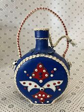 Vintage Folk Art Blue Leather Wrapped Glass Bottle Canteen Flask