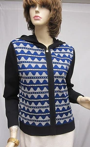 St John Knit SPORT NWOT Black Blue White Hoodie Paillettes LOGO JACKET SZ S 4 6 - Picture 1 of 6
