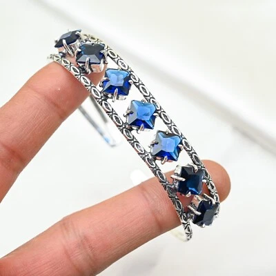 Pulsera de piedras preciosas de zafiro azul creada en laboratorio hecha a mano joyería de plata de ley 925 Foto 1 de 4