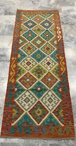 Alfombra de salón Kilim de lana multicolor azteca geométrica hecha a mano afgana 89x244 cm - Imagen 1 de 3