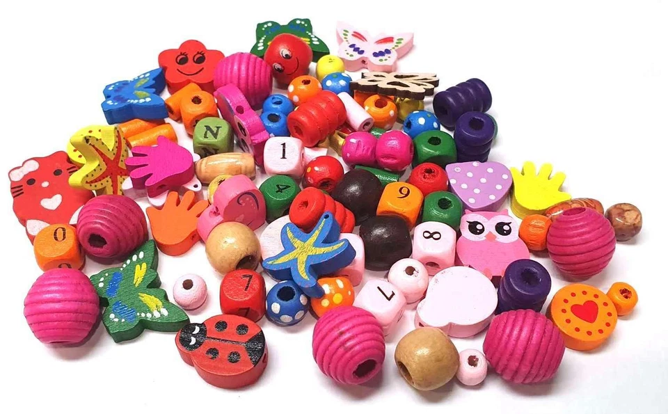 Holzperlen Mischung Bunt Kinder Schmuck Basteln Gemischt Motiv Für DIY H125 - Bild 1 von 4