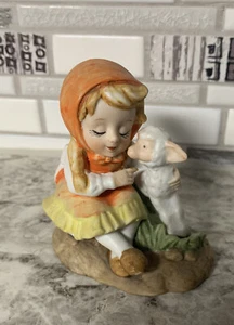 Lefton China Figurine Girl With Lamb 8252 Hand Painted Orange Cloak - Picture 1 of 3