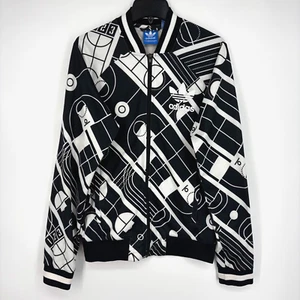 Adidas Herren Medium Reißverschluss vorne Jacke schwarz weiß Track Print Langarm Taschen - Bild 1 von 10