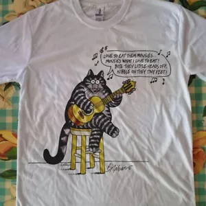 B Kliban Cat Guitar Player short sleeve classic white shirt unisex KV30316 - Picture 1 of 2