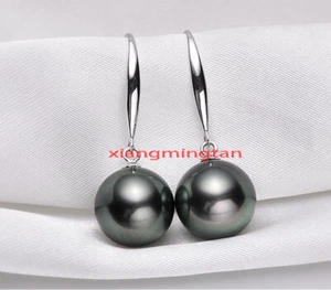 Top 18K gold 11-12MM REAL ROUND Natural SOUTH SEA black PEARL Dangle EARRINGS - Picture 1 of 6