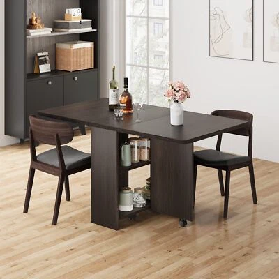 Folding Dining Table with 6 Wheels Storage Racks for Small Kitchen Saving Space - Image 1 of 4