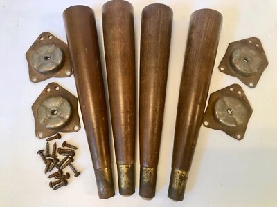 MID CENTURY MODERN DANISH TAPERED WOOD BRASS FURNITURE TABLE LEGS~ANGLED~4pc - Image 1 of 4