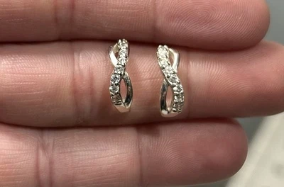 Vtg Curved Bar Sterling Silver Stud Earrings Pave Set Stones Crescent Shape 1/2" - Image 1 of 4