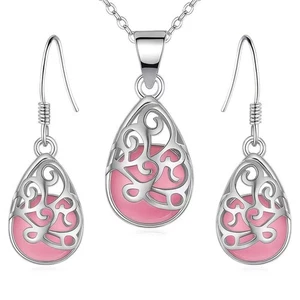 Elegant Teardrop Jewelry Set Necklace & Earring Moonstone Hollow Filigree Design - Picture 1 of 10