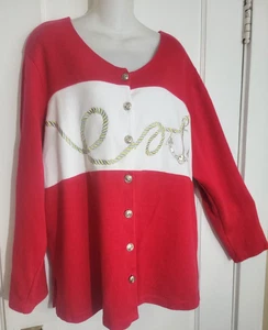 New QUACKER FACTORY Red Knit NAUTICAL Theme JACKET, Size 1X Rope & Anchor - Picture 1 of 10