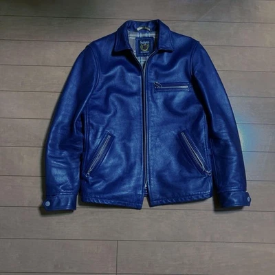 Chaqueta de cuero azul Schott talla S a cuadros Foto 1 de 4