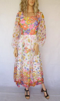 Vestido Floral Vintage Años 70, Alexander Clare Largo Maxi Vestido, X Pequeño, Cintura 27" Foto 1 de 4
