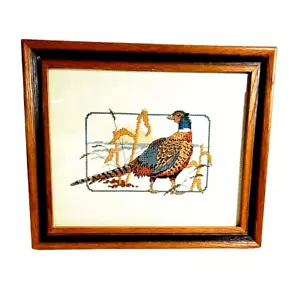 Fagiano uccellino vintage fatto a mano completo punto croce legno incorniciato arte ~12x10" - Foto 1 di 8