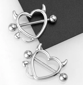 Devil Horn Pair Heart Nipple Rings For Women's 14K White Gold Plated - Picture 1 of 8